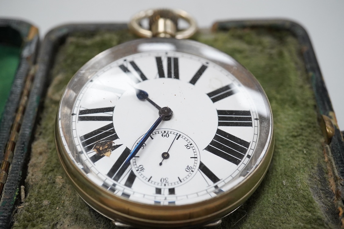 An Edwardian silver and pique inlaid tortoiseshell pocket watch case, Henry Clifford Davis, Birmingham 1909, 11.3cm, containing keyless pocket watch.
